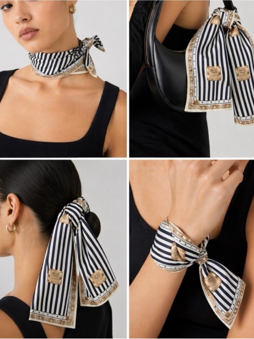 MCM Black & White Striped Silk Scarf with Gold Motif
